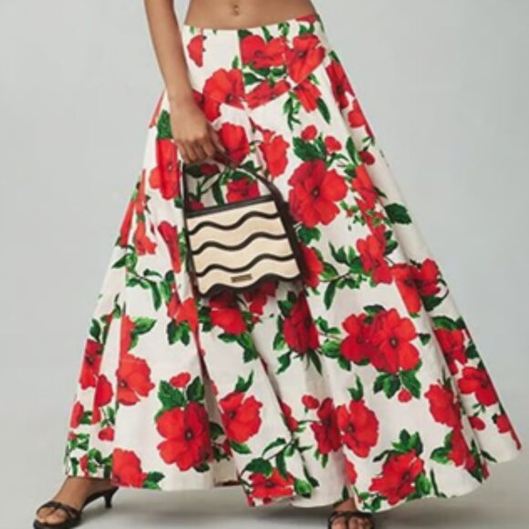 Anthropologie red poppy drop waist A-line maxi skirt